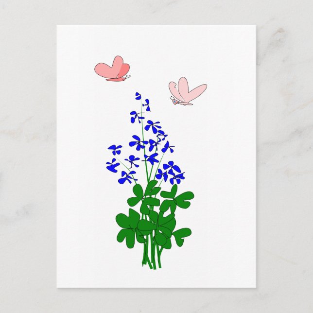 Carte Postale Oubliez-moi pas les fleurs bleu, shamrock, papillo (Devant)