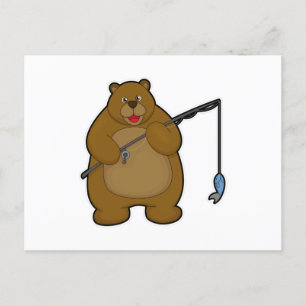 Carte Postale Ours à la pêche avec canne à pêche et poisson