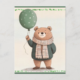 Carte Postale Ours à Sweat Vert avec Écharpe Plaid Automne
