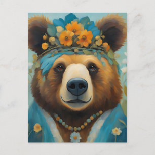 Carte Postale Ours adorable dans une couronne avec des fleurs Hi