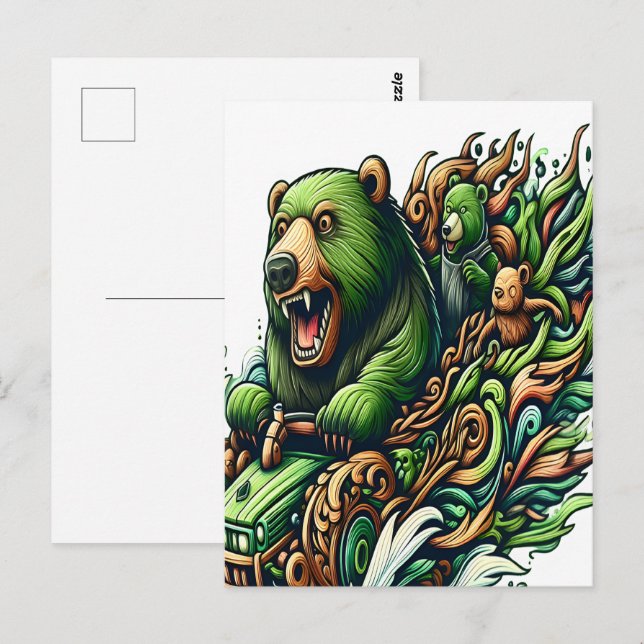 Carte Postale Ours Animés à bord d'une voiture verte (Devant / Derrière)