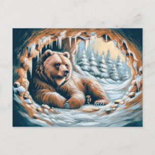 Carte Postale Ours Brown en hiver Cave Pastel Dessin de calèche