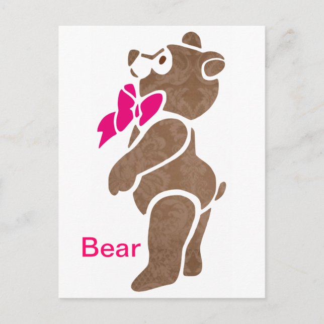 Carte Postale Ours Brown floral avec Cravate de cabot rose (Devant)