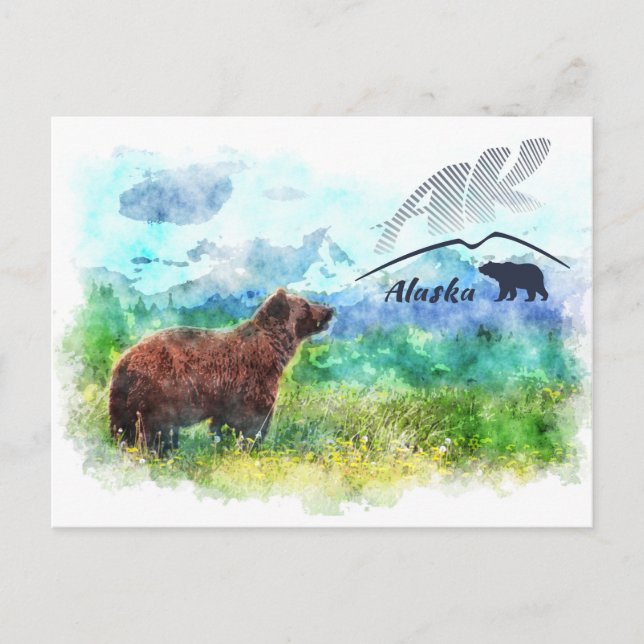 Carte Postale Ours brun Kodiak de l'Alaska (AK). Aquarelle (Devant)
