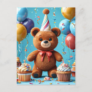 Carte Postale Ours d'anniversaire avec gâteau et ballons