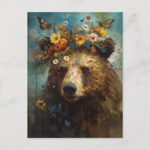 Carte Postale Ours dans une couronne de fleurs et de papillons