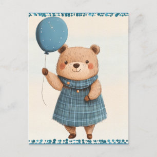 Carte Postale Ours de fille avec robe bleue plaid et ballon