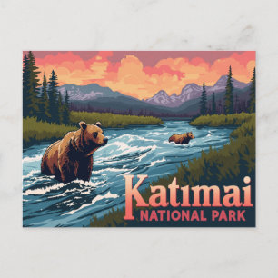 Carte Postale Ours de Katmai pêchant dans la rivière Art vintage