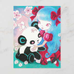 Carte Postale Ours de panda avec fille Kawaii