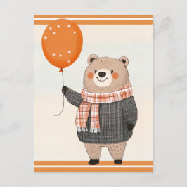 Carte Postale Ours de Sweat Plaid Gris avec Écharpe Plaid Orange