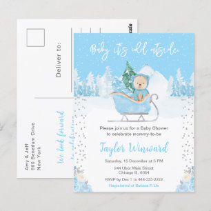 Carte Postale Ours d'hiver bleu traîneau Baby Shower