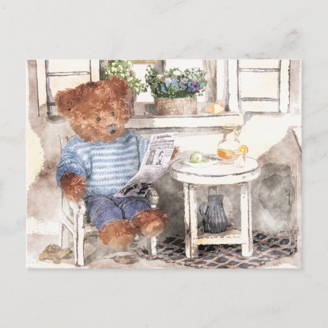 Carte Postale Ours Dinky Aquarelle - Lecture Ours (Devant)