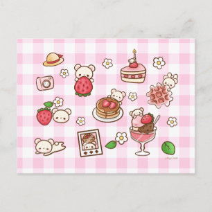 Carte Postale Ours en fraise Kawaii Mignonne Rose à carreaux