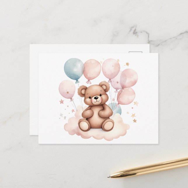 Carte Postale Ours en peluche à ballon d'aquarelle (Devant/Arrière en situation)