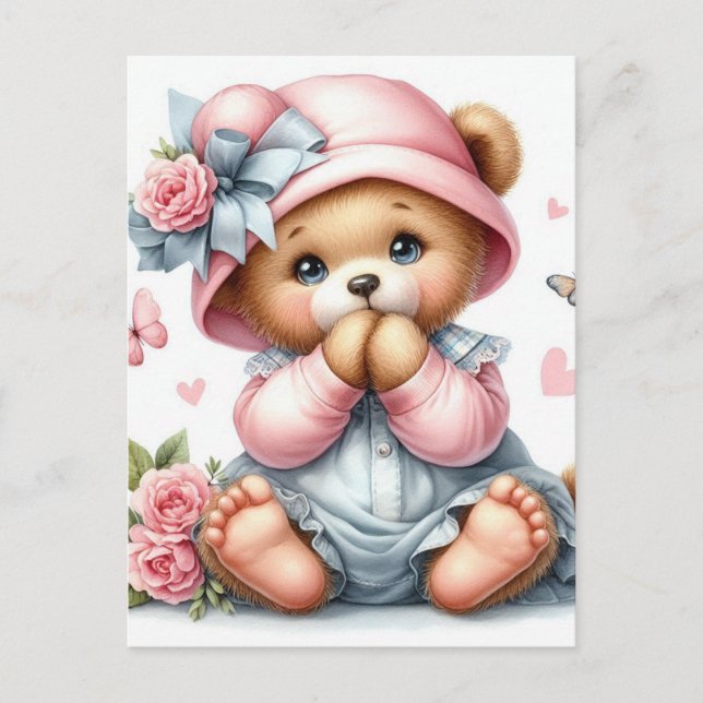 Carte Postale Ours en peluche adorable avec casquette rose et ar (Devant)