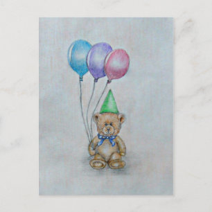 Carte Postale ours en peluche avec ballons