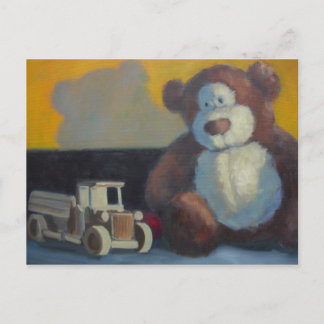 Carte Postale Ours en peluche avec camion en bois
