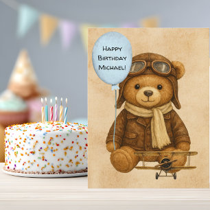 Carte Postale Ours en peluche avion vintage anniversaire fantais