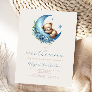 Carte Postale Ours en peluche bleu sous la lune pour une baby sh