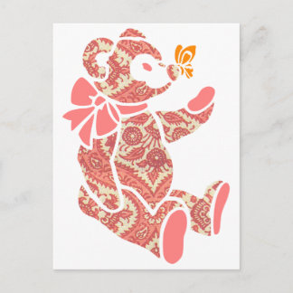 Carte Postale Ours en peluche floral rose avec papillon