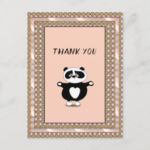 Carte Postale Ours en peluche panda remerciant cadre rose doré f