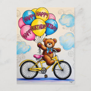 Carte Postale Ours en peluche sur bicyclette tenant des ballons