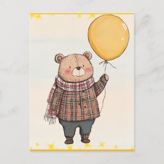Carte Postale Ours en Sweater Brown avec ballon jaune (Devant)