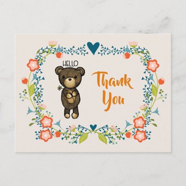 Carte Postale Ours mignon, Fleur Jaune et Merci de couronne fleu (Devant)