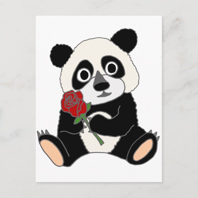 Carte Postale Ours Panda Cute tenant Rose Rouge (Devant)