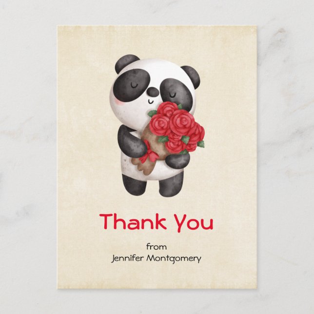 Carte Postale Ours panda mignon avec bouquet de roses Merci (Devant)