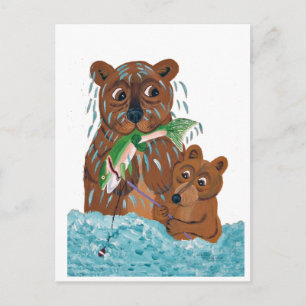 Carte Postale Ours père essayant d'apprendre au ourson à pêcher