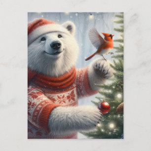 Carte Postale Ours polaire de Noël adorable et le cardinal