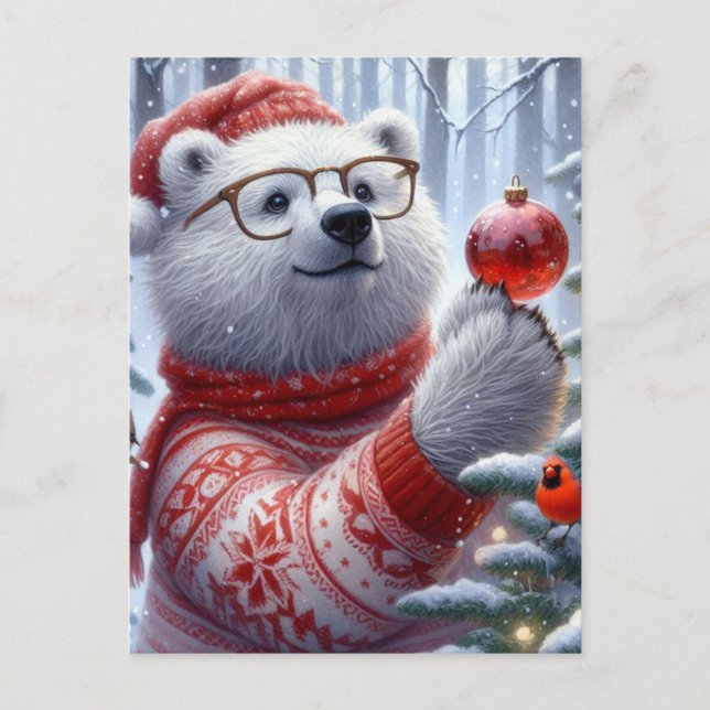 Carte Postale Ours polaire de Noël et le cardinal (Devant)