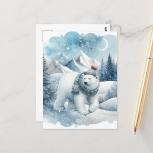 Carte Postale Ours polaire hivernal saisonnier mignon Hiver ajou