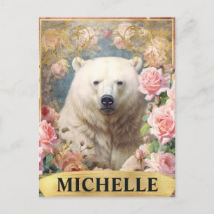 Carte Postale Ours polaire vintage aquarelle et roses roses