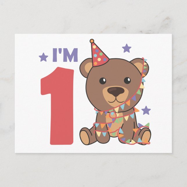 Carte Postale Ours Pour Le Premier Anniversaire Pour Les Enfants (Devant)
