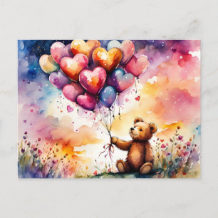 Carte Postale ours Valentine Teddy avec ballons en forme de coeu
