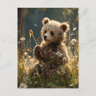 Carte Postale Ourson au miel dans une prairie de fleurs sauvages