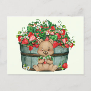 Carte Postale Ourson mignon et panier de fraises rustique