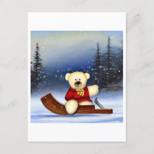 Carte Postale Ourson sur une luge dans la neige