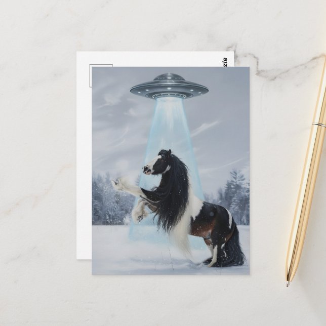 Carte Postale OVNI enlevant un cheval Gypsy Vanner (Devant/Arrière en situation)