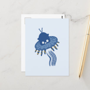 Carte Postale OVNI octopique bleu Kawaii
