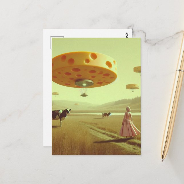Carte Postale OVNIs au fromage dans la prairie laitière (Devant/Arrière en situation)