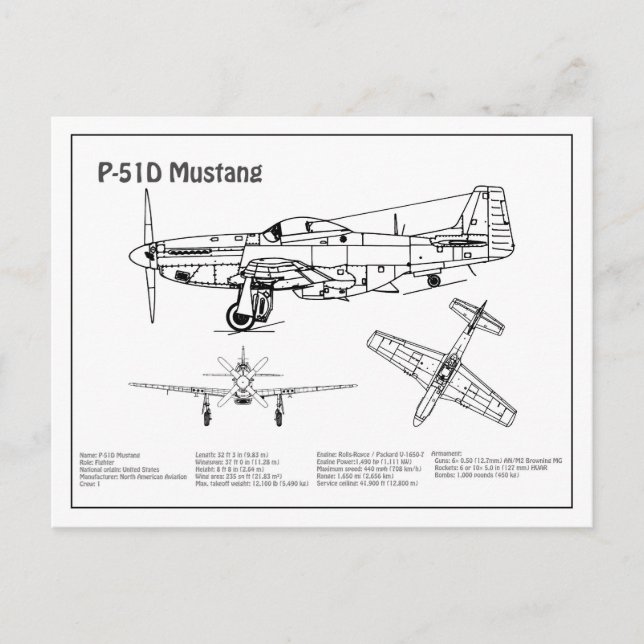 Carte Postale P-51D Mustang - Plan d'avion BD (Devant)