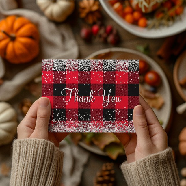 Carte Postale Pailleté Argent Étincelant Plaid Rouge Buffalo Mer (Sparkly Silver Glitter Red Buffalo Plaid Thank You Postcard)