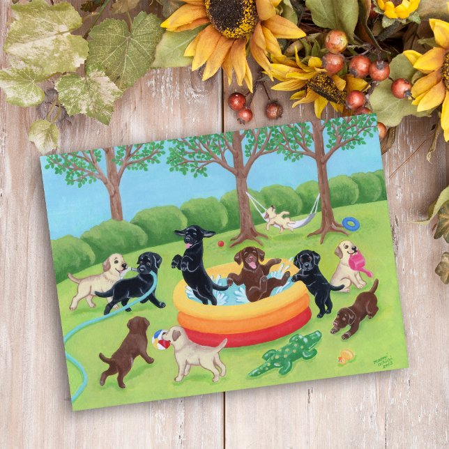 Carte Postale Painting Summer Fun (Summer Fun Labradors Painting Postcard for Labrador Owners.  Whimsical Labrador dog design.)