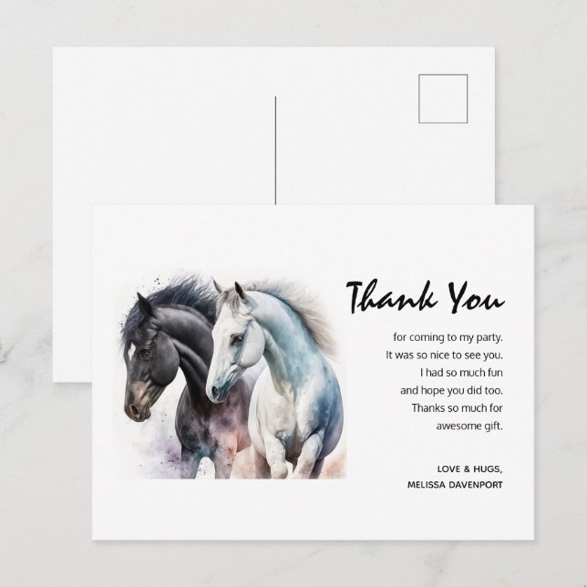 Carte Postale Paire de cheval noir et blanc en Merci d'aquarelle (Devant / Derrière)