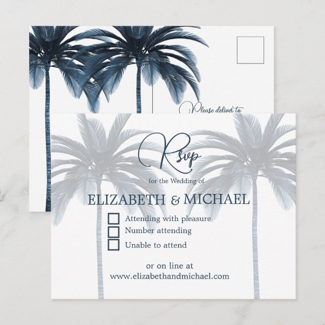 Carte Postale Palmier Bleu Élégant Mariage Moderne RSVP (Devant / Derrière)
