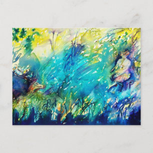 CARTE POSTALE PAN JOUER FLUTE ET CERF EN BOIS VERT