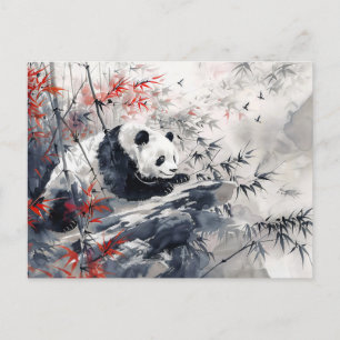 Carte Postale Panda aquarelle chinoise et bambou